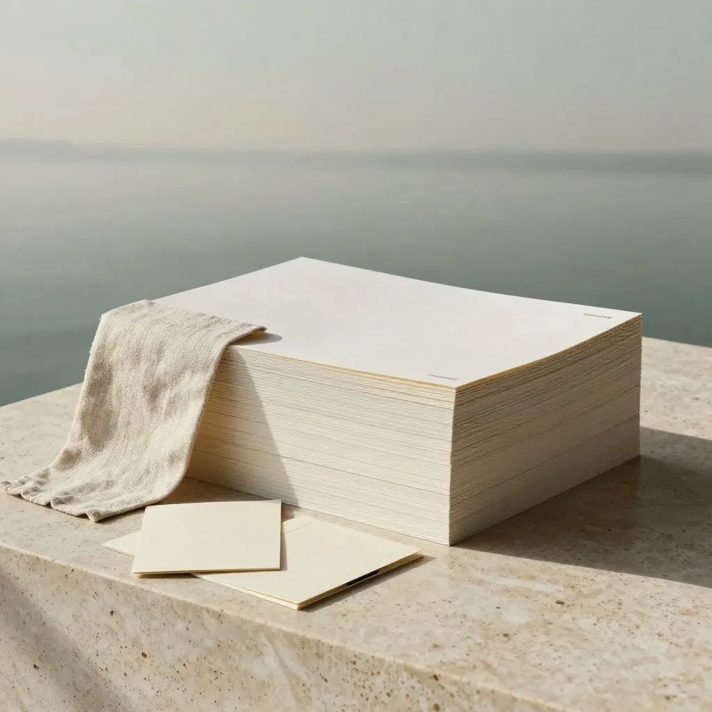 Pacchetto editoriale avorio con fogli tab, custodia in lino e carte prova su pietra umida.