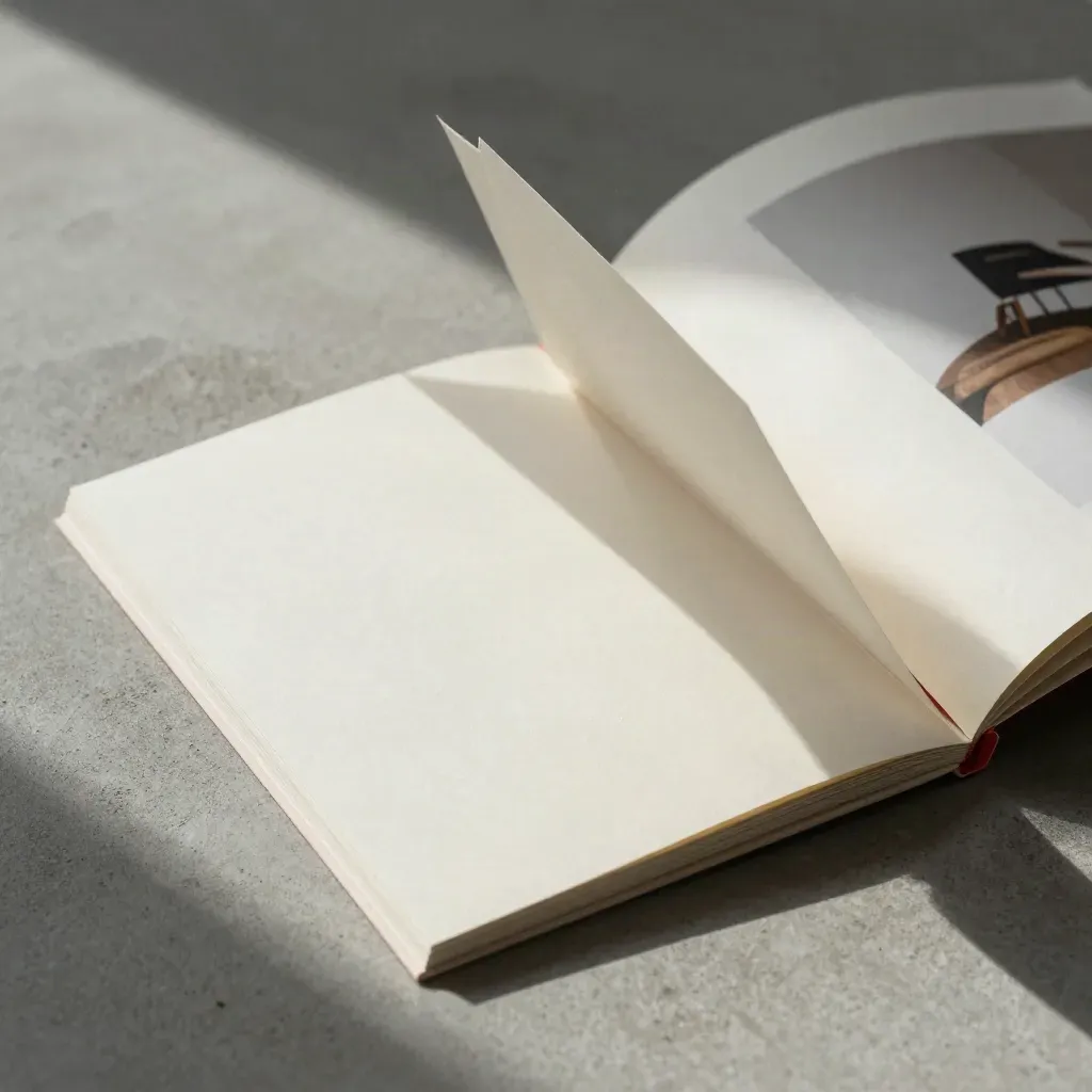 Booklet SEO semiaperto su cemento, con pagine sollevate e dettagli rossi.