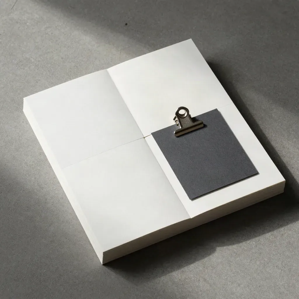 Flat lay dall’alto di un white paper tecnico con clip metallica su cemento spazzolato.