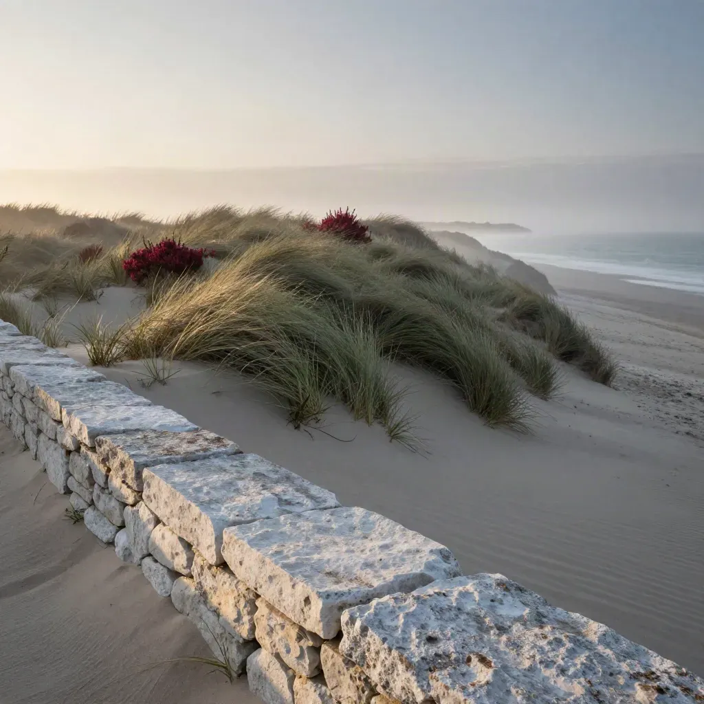 Cresta di dune costiere al tramonto con erba piegata dal vento e mare in foschia
